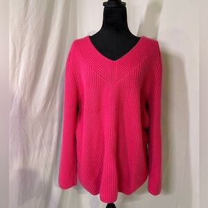 Oversized Pink V-Neck Sweater Knit Lucky Brand Large
